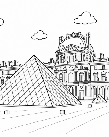 Coloriage Musée du Louvre et Pyramide de Paris - Dessin Architecture à Imprimer