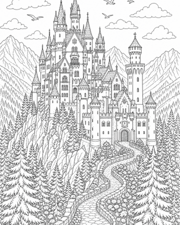 Coloriage château de Neuschwanstein détaillé - conte à imprimer