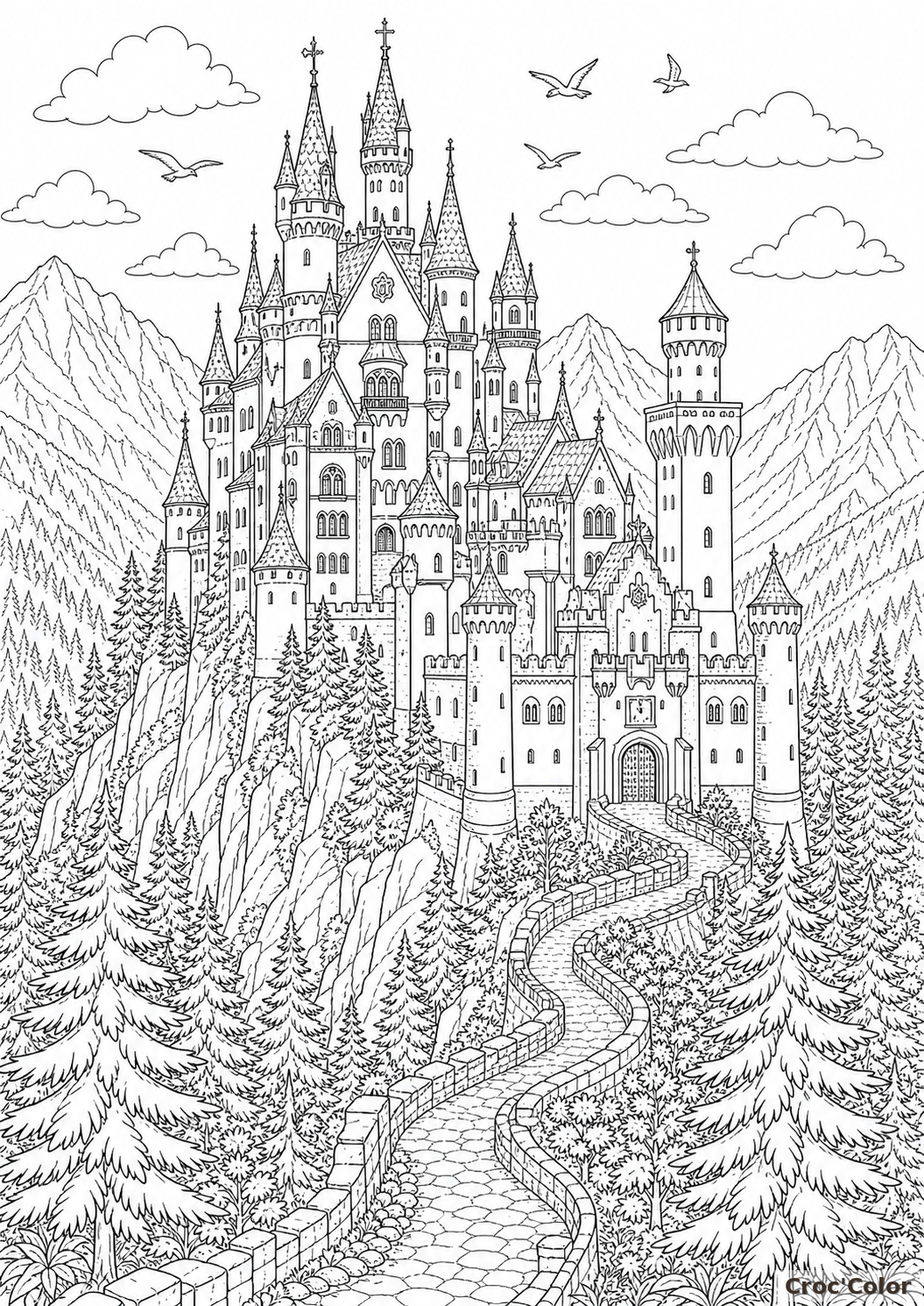 Coloriage château de Neuschwanstein détaillé - conte à imprimer