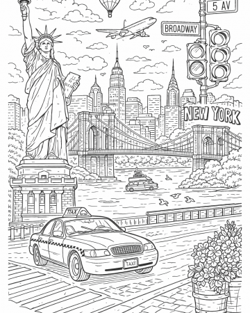 Coloriage New York Réaliste - Dessin Statue de la Liberté et Skyline à Imprimer Gratuit