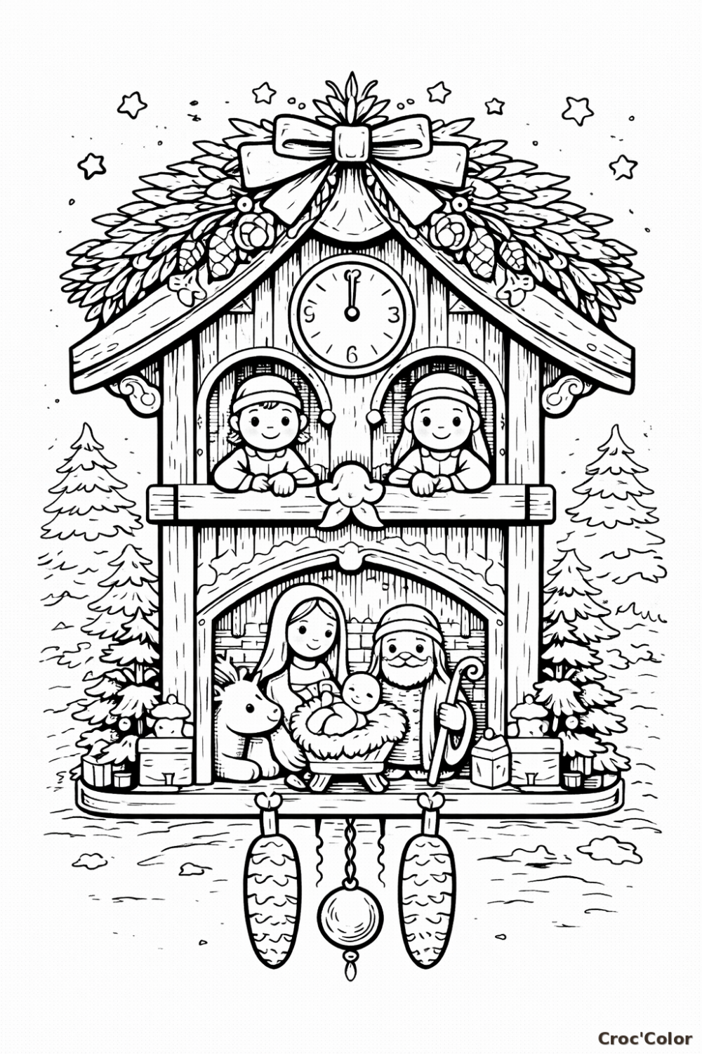 Coloriage Horloge Coucou Crèche de Noël : Dessin Festif et Traditionnel à Imprimer