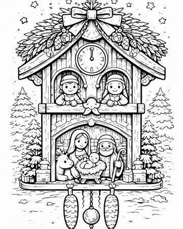 Coloriage Horloge Coucou Crèche de Noël : Dessin Festif et Traditionnel à Imprimer
