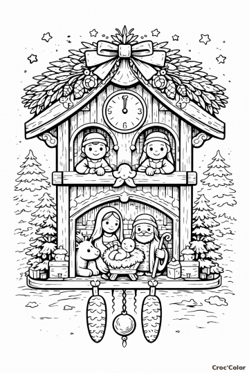 Coloriage Horloge Coucou Crèche de Noël : Dessin Festif et Traditionnel à Imprimer
