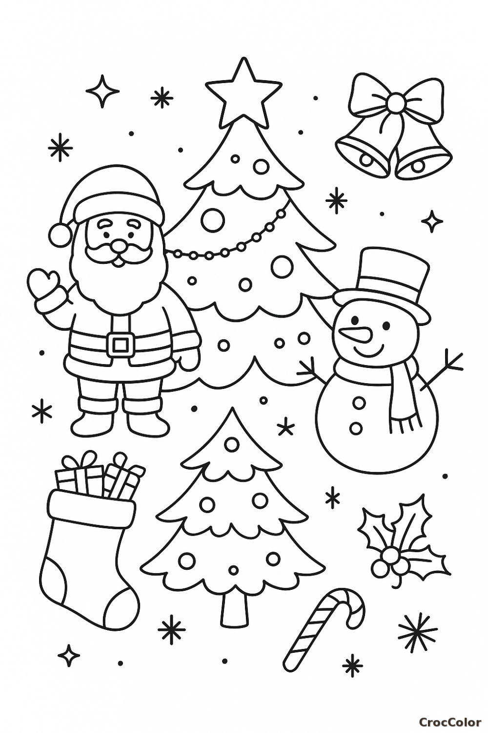 Coloriage de Noël Facile : Père Noël, Sapin, Bonhomme de Neige et Cadeaux