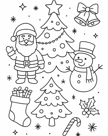 Coloriage de Noël Facile : Père Noël, Sapin, Bonhomme de Neige et Cadeaux