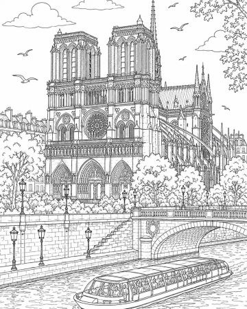 Coloriage Cathédrale Notre-Dame de Paris et bateau-mouche à imprimer gratuitement