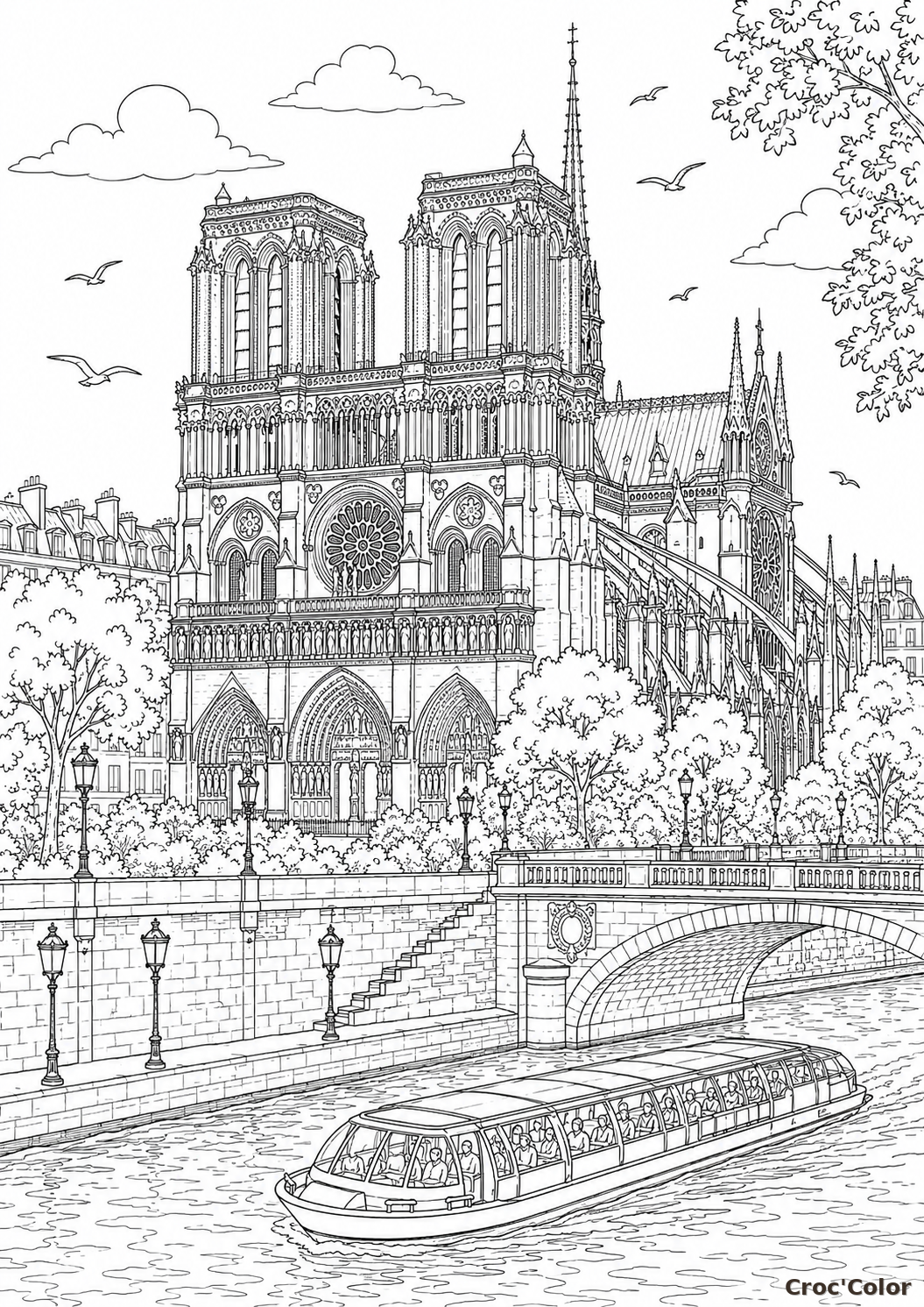 Coloriage Cathédrale Notre-Dame de Paris et bateau-mouche à imprimer gratuitement