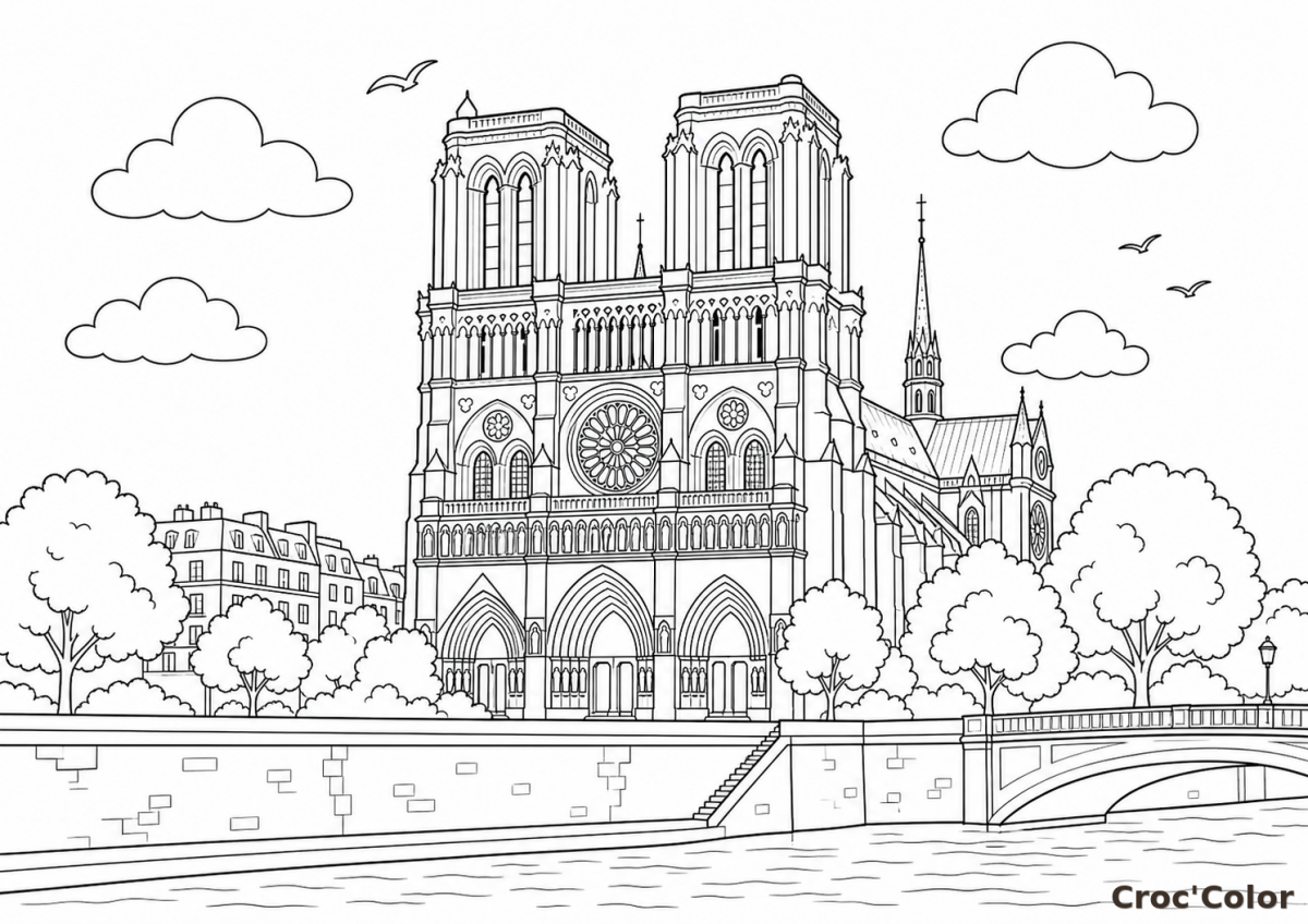 Coloriage Cathédrale Notre-Dame de Paris - Dessin Patrimoine à Imprimer