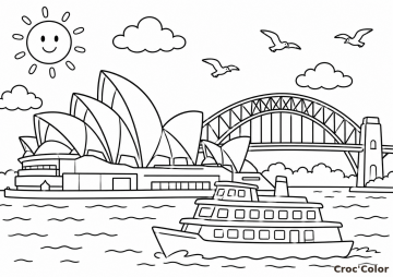 Coloriage Opéra de Sydney et Harbour Bridge - Dessin Monuments Australie, Bateau et Soleil à Imprimer Gratuit
