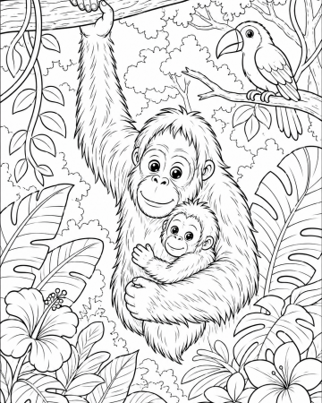 Coloriage Orang-outan et son Bébé Singe - Dessin Jungle Réaliste et Toucan à Imprimer Gratuit