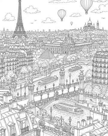 Coloriage panorama de Paris avec Tour Eiffel et monuments célèbres à imprimer
