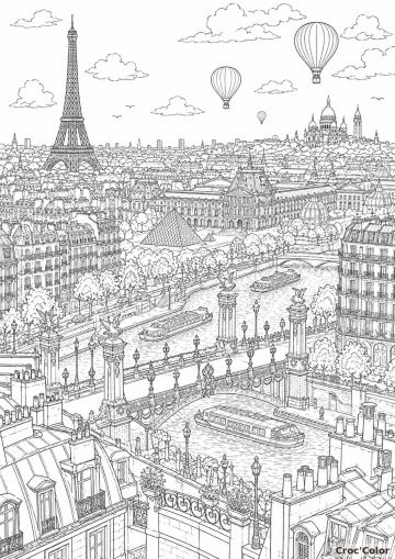 Coloriage panorama de Paris avec Tour Eiffel et monuments célèbres à imprimer