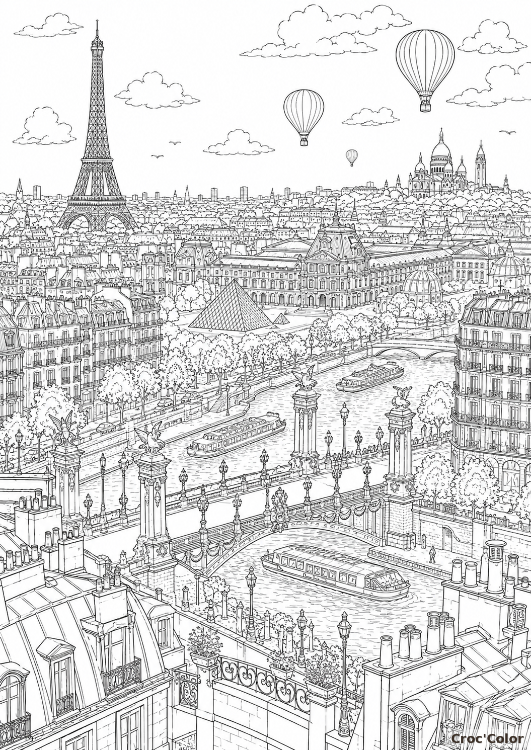 Coloriage panorama de Paris avec Tour Eiffel et monuments célèbres à imprimer