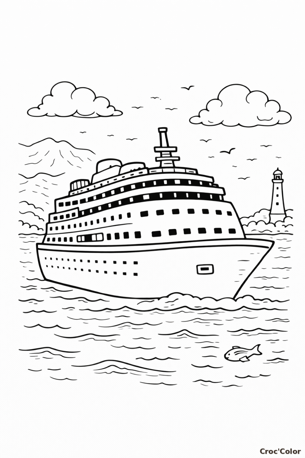 Coloriage Grand Paquebot de Croisière en Mer - Dessin Bateau à Imprimer