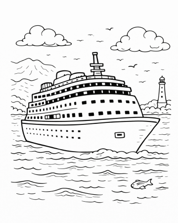 Coloriage Grand Paquebot de Croisière en Mer - Dessin Bateau à Imprimer