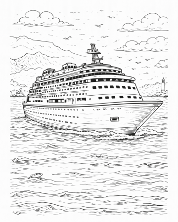 Coloriage Paquebot de Croisière - Dessin Grand Bateau en Mer à Imprimer Gratuit
