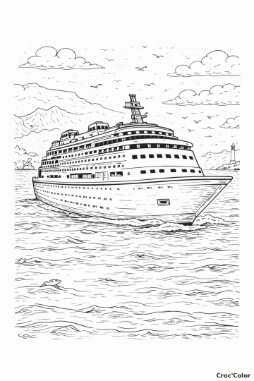 Coloriage Paquebot de Croisière - Dessin Grand Bateau en Mer à Imprimer Gratuit