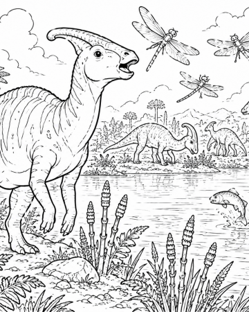Coloriage Parasaurolophus et Dinosaures Réalistes - Dessin Préhistoire et Libellules Géantes à Imprimer Gratuit