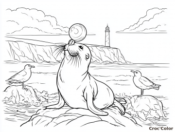 Coloriage Lion de Mer et Paysage Côtier - Dessin Otarie avec Ballon et Phare à Imprimer Gratuit