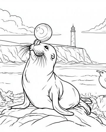 Coloriage Lion de Mer et Paysage Côtier - Dessin Otarie avec Ballon et Phare à Imprimer Gratuit