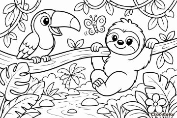 Coloriage Paresseux et Toucan sur une Branche - Dessin Animaux de la Jungle Facile à Imprimer Gratuit