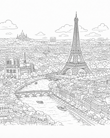 Coloriage Paris Réaliste Architecture - Dessin Tour Eiffel et Monuments à Imprimer Gratuit