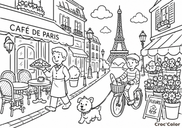 Coloriage Paris Rue Typique – Dessin Tour Eiffel, Café de Paris, Serveur Croissants, Vélo et Fleuriste à Imprimer Gratuit