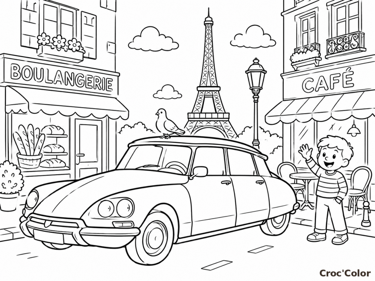 Coloriage Paris Tour Eiffel et Voiture Ancienne - Dessin Rue de Paris, Boulangerie et Café à Imprimer Gratuit