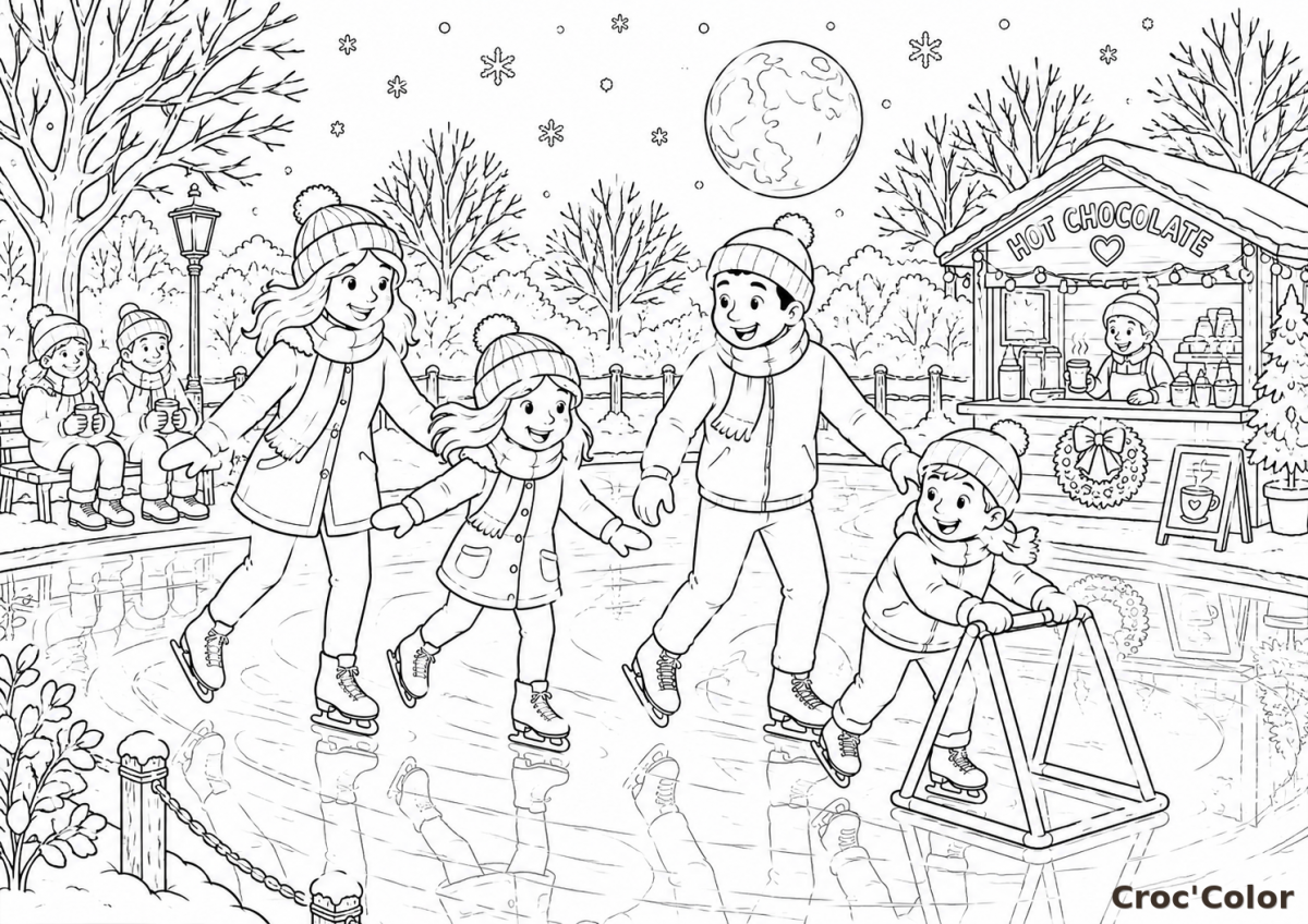 Coloriage Patinoire en Famille en Hiver - Dessin Patin à Glace et Stand de Chocolat Chaud à Imprimer Gratuit