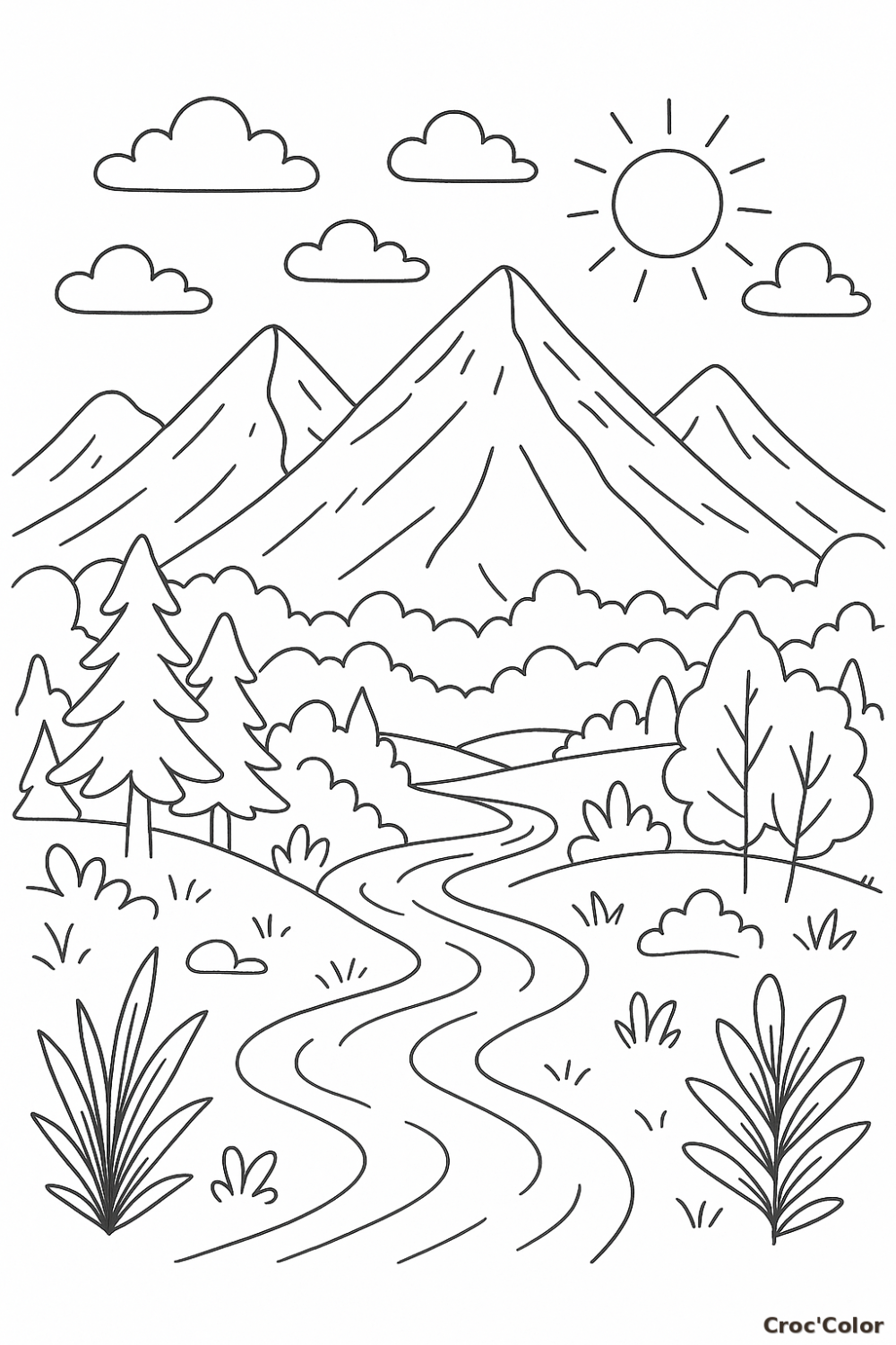 Coloriage Paysage de Montagne Facile avec Rivière - Dessin Nature à Imprimer