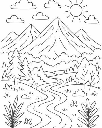 Coloriage Paysage de Montagne Facile avec Rivière - Dessin Nature à Imprimer