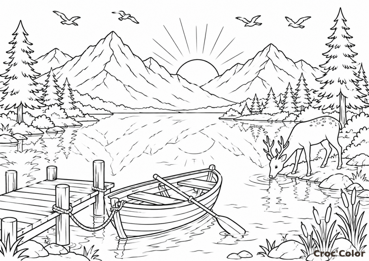 Coloriage Paysage de Montagne, Lac et Cerf - Dessin Nature Sauvage et Barque à Imprimer Gratuit