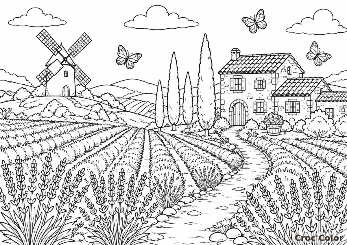 Coloriage Paysage de Provence et Champs de Lavande - Dessin Maison, Moulin et Papillons à Imprimer Gratuit