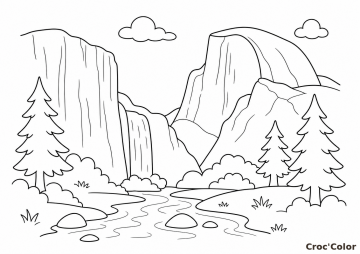 Coloriage Paysage Yosemite : Dessin de Montagne et Cascade à Imprimer