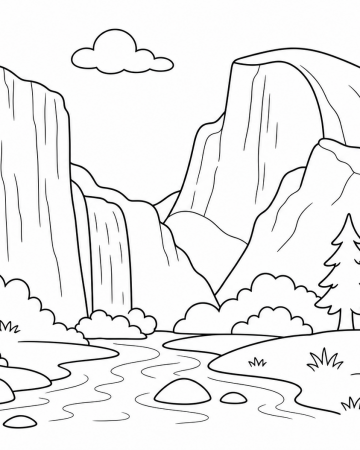 Coloriage Paysage Yosemite : Dessin de Montagne et Cascade à Imprimer