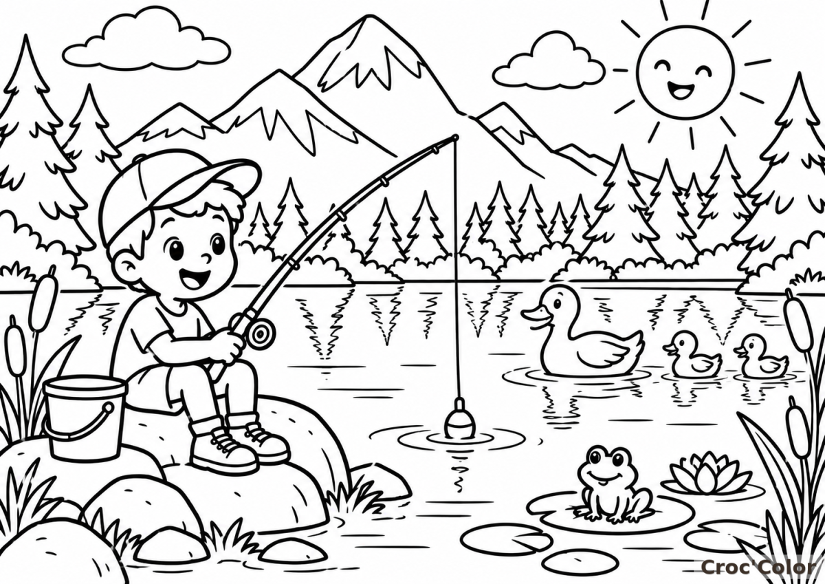 Coloriage Pêche au Lac en Montagne - Dessin Enfant, Canne à Pêche, Canards, Grenouille et Soleil à Imprimer Gratuit
