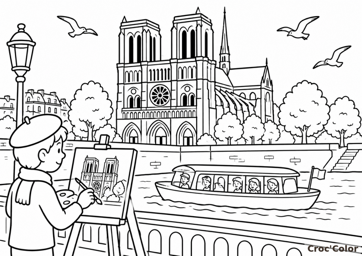 Coloriage Peintre à Paris devant Notre-Dame - Dessin Artiste, Seine, Bateau-Mouche et Cathédrale à Imprimer Gratuit