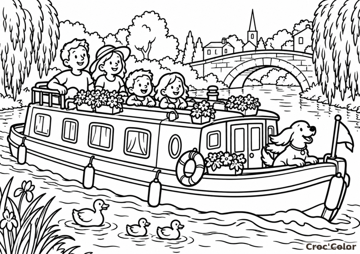 Coloriage Péniche Familiale sur le Canal Moyen - Dessin Promenade en Bateau, Fleurs, Chien et Pont en Pierre à Imprimer Gratuit