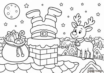 Coloriage Coloriage Père Noël Coincé dans la Cheminée – Dessin Père Noël Rigolo, Renne, Hotte de Cadeaux et Toits de Enneigés à Imprimer Gratuit à imprimer