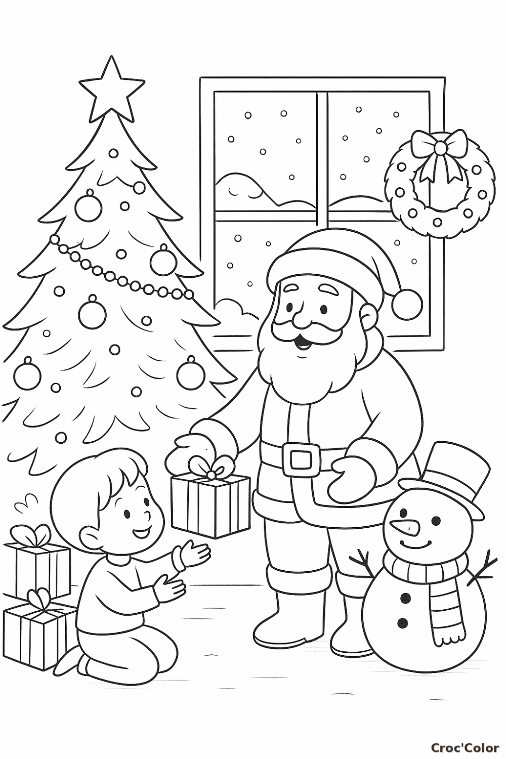 Coloriage Père Noël distribue un Cadeau - Dessin Sapin et Bonhomme de Neige à Imprimer Gratuit