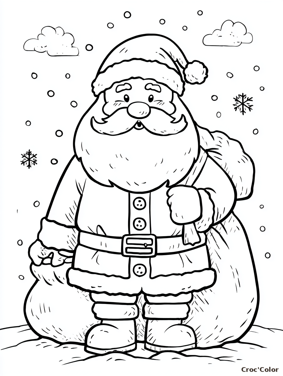 Coloriage Père Noël Facile Maternelle - Dessin Père Noël avec ses Cadeaux à Imprimer Gratuit