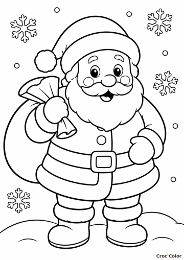 Coloriage Père Noël Facile - Dessin Père Noël Mignon, Hotte de Jouets, Flocons et Neige à Imprimer Gratuit