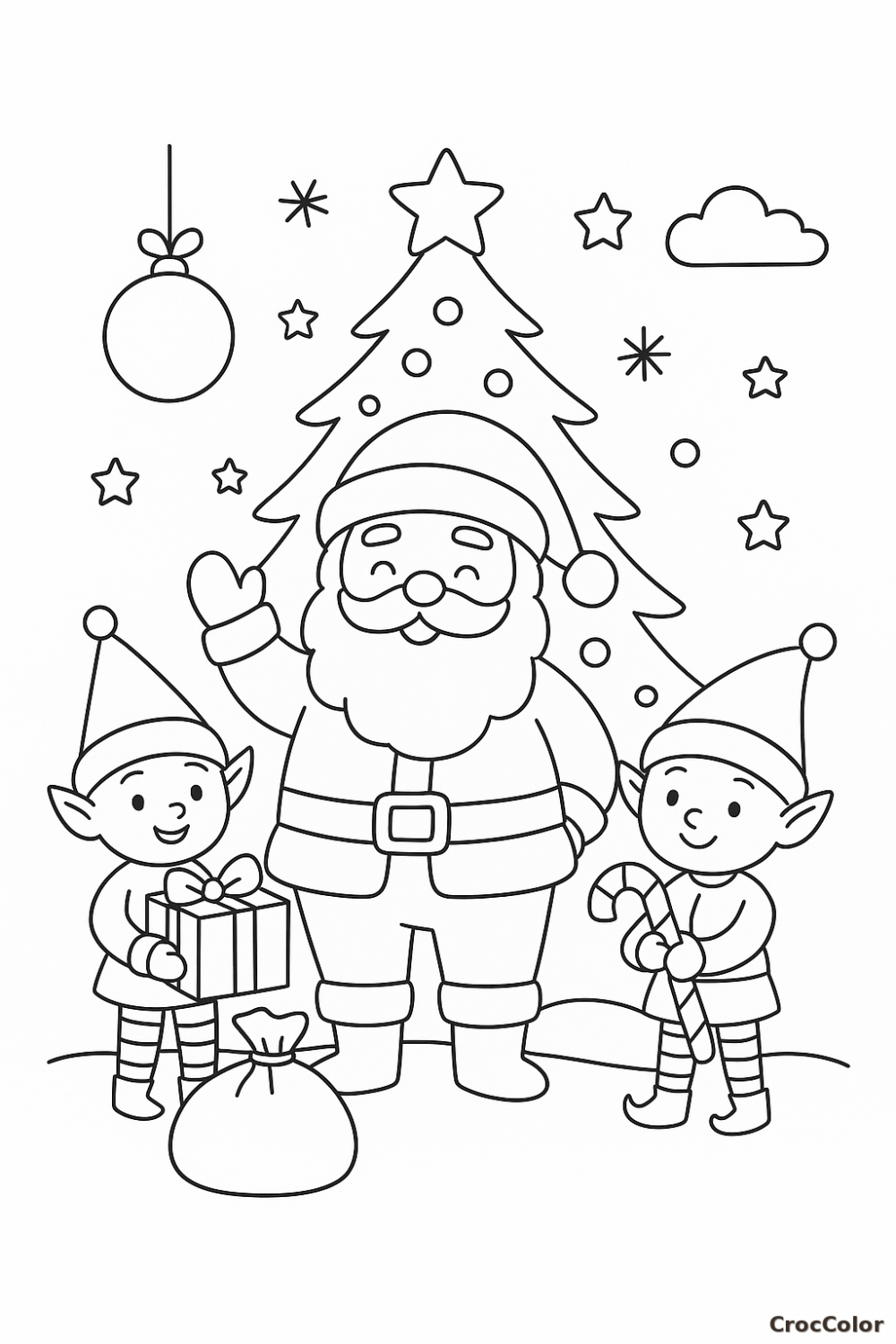 Coloriage Père Noël et ses Lutins devant le Sapin : Dessin de Noël à Imprimer