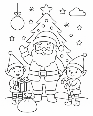Coloriage Père Noël et ses Lutins devant le Sapin : Dessin de Noël à Imprimer