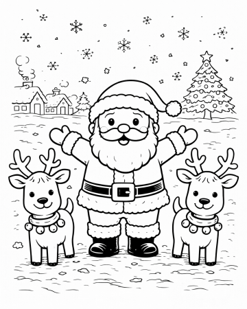 Coloriage Père Noël et ses Rennes Facile - Dessin Paysage de Noël à Imprimer Gratuit