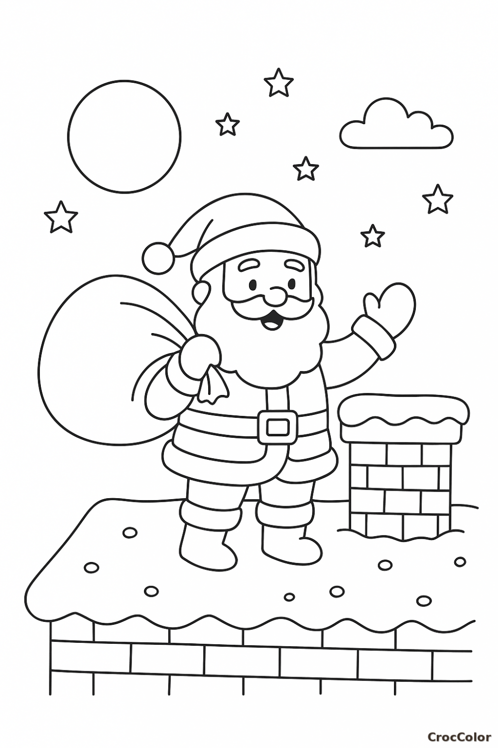 Coloriage Père Noël sur le Toit avec sa Hotte : Dessin de Noël à Imprimer