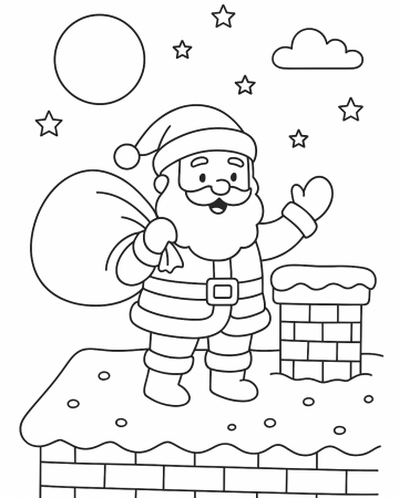 Coloriage Père Noël sur le Toit avec sa Hotte : Dessin de Noël à Imprimer
