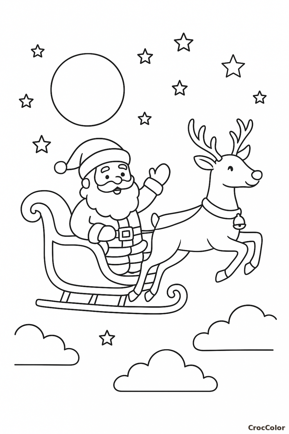 Coloriage Père Noël dans son Traîneau avec un Renne : Dessin Magique à Imprimer