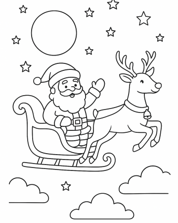 Coloriage Père Noël dans son Traîneau avec un Renne : Dessin Magique à Imprimer