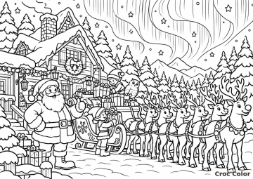 Coloriage Père Noël Traîneau et Rennes Difficile - Dessin Village du Père Noël, Lutins, Cadeaux et Aurore Boréale à Imprimer Gratuit